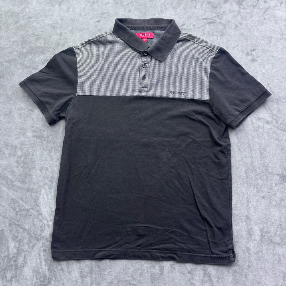 Guess Los Angeles Mens Black Colorblock Micro Pattern Short Sleeve Polo Shirt L